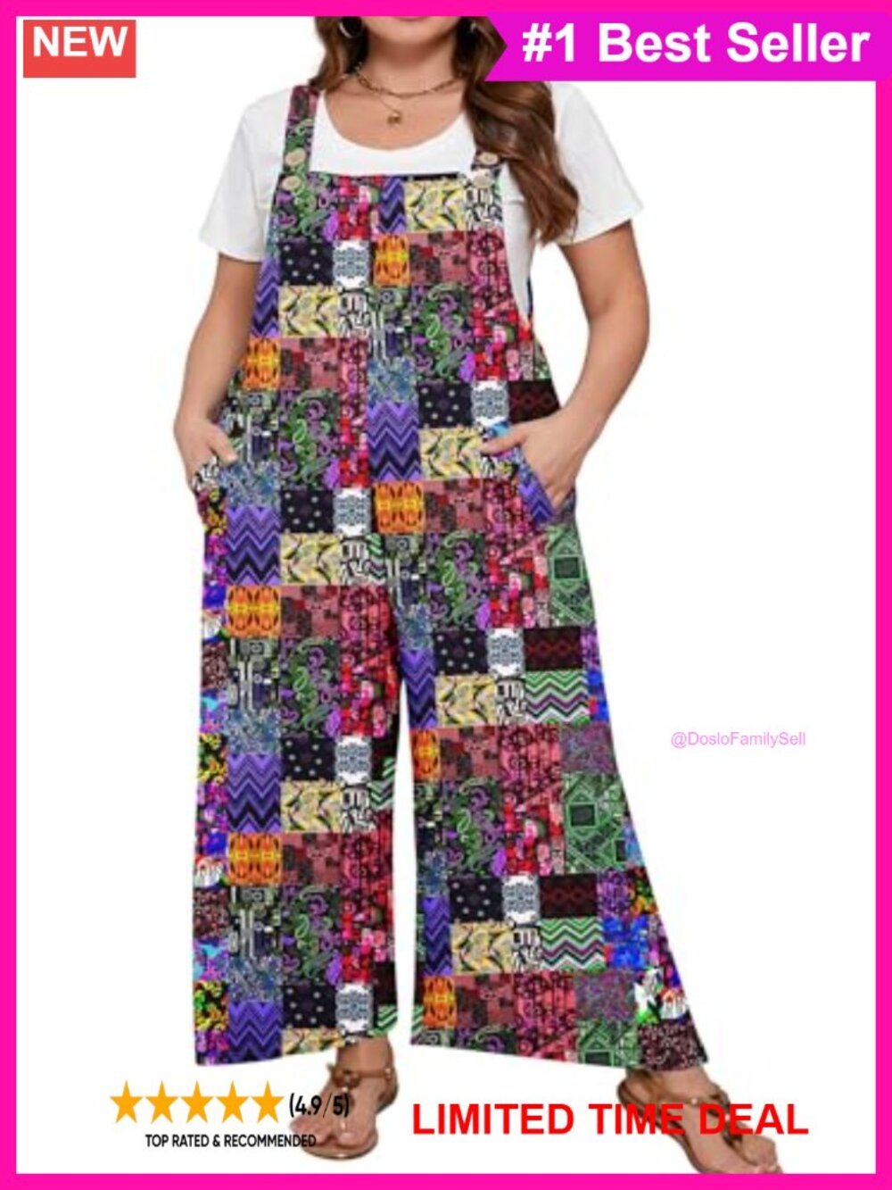 Plus Size Wide Leg Jumpsuit Adjustable Straps Pockets Loose Overalls